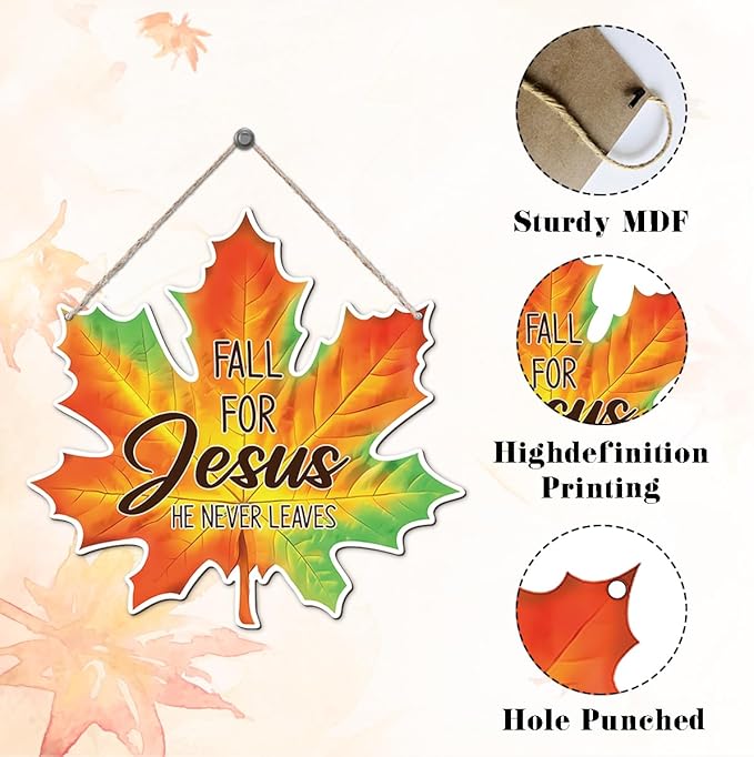 CozyNest Decor fall decorative sign with maple leaf and "Fall for Jesus" message, farmhouse style for front door or wall decor.