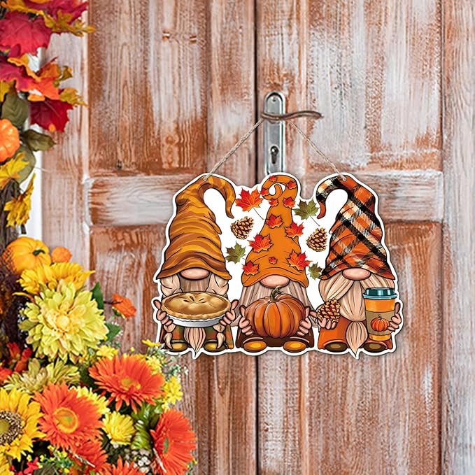CozyNest Decor autumn dwarfs hanging wooden sign with hello fall message, rustic outdoor and indoor Thanksgiving door decor.