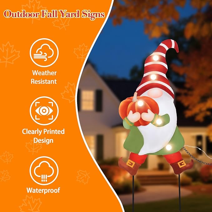 CozyNest Decor Wonder Garden 3-piece fall gnome yard signs with LED lights, pumpkins, and autumn harvest decorations for outdoor lawn and porch.