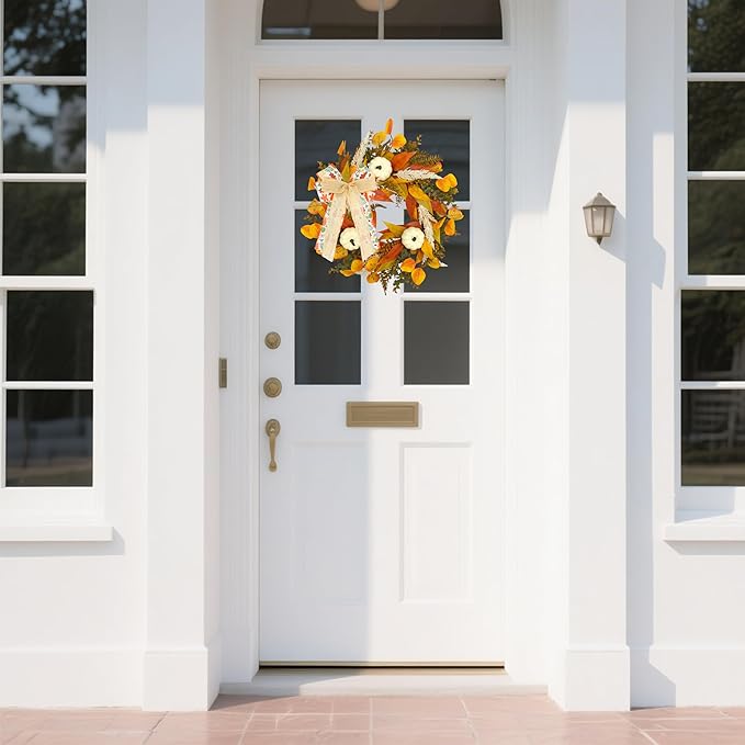 Rustic fall wreath with golden eucalyptus, white pumpkins, and wheat for front door decor, 20-22 inches, CozyNest Decor.