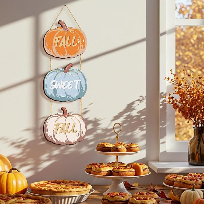 CozyNest Decor Fall Pumpkin Welcome Sign set with three rustic wooden hanging decorations for autumn porch and home decor.