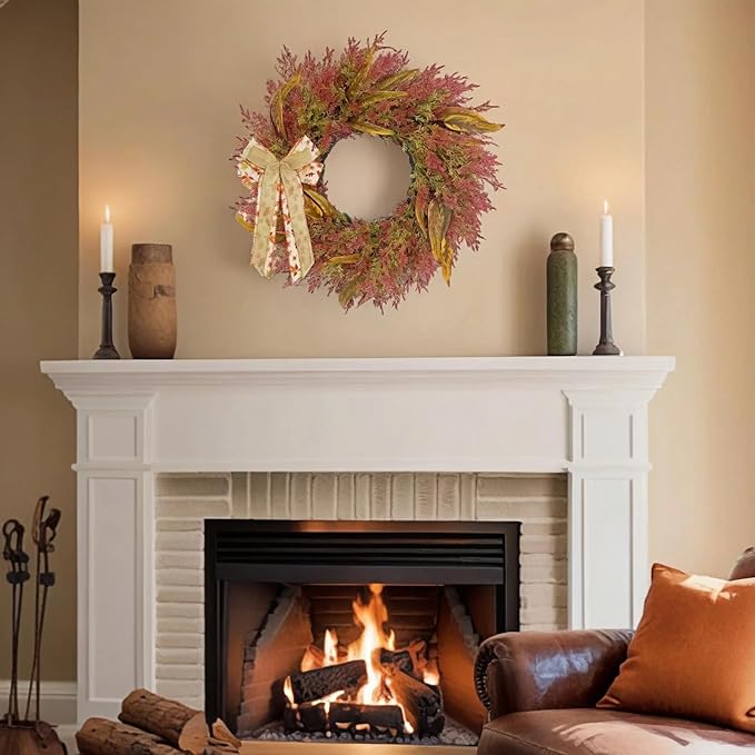 Large 24-inch cedar fall wreath with burlap bow, weatherproof outdoor porch decor featuring rustic greenery for autumn and holiday seasons.