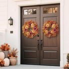Large 28-inch artificial fall wreath with maple leaves, sunflowers, hydrangeas, and pumpkins for front door or porch decor.