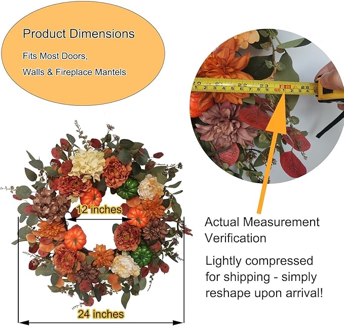 CozyNest Decor 24-inch fall wreath with realistic pumpkins, hydrangeas, peonies, and dahlias, perfect for front door or indoor autumn decor.