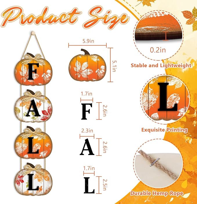 CozyNest Decor fall pumpkin door sign with autumn maple leaves, wooden hanging decoration for front door, porch, or wall decor.