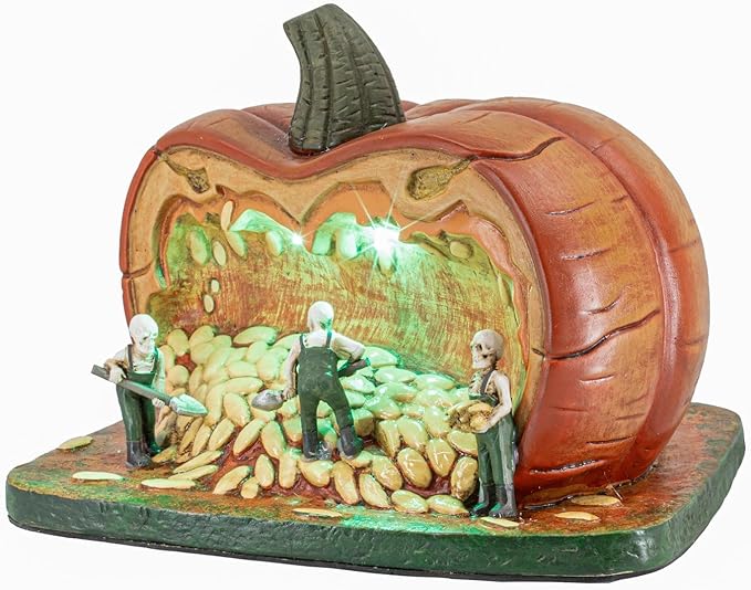 Colorful porcelain Halloween village collectible building featuring gourd gathering ghouls and LED lights, 7.75 x 6 x 5.75 inches.