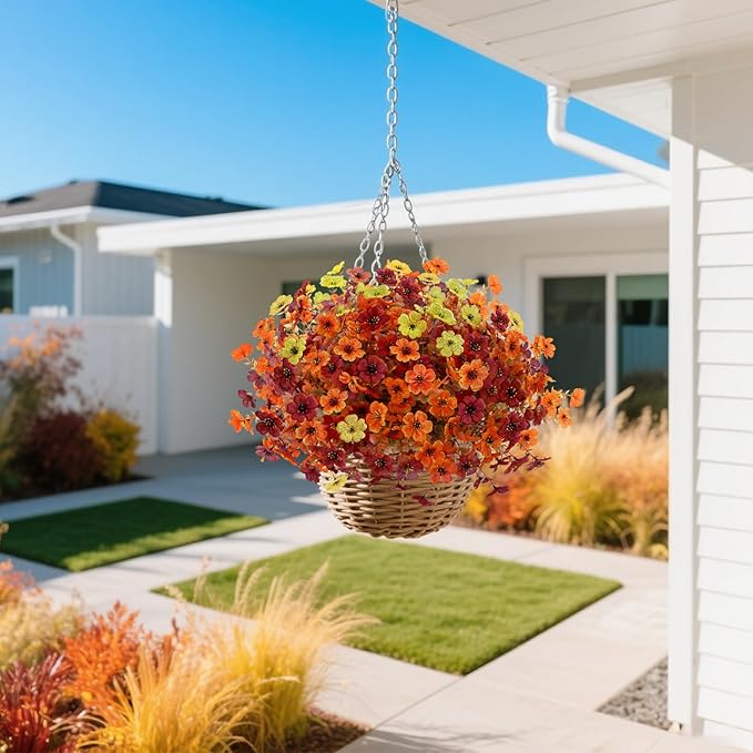 12 bundles of artificial fall flowers with faux mums in orange, brown, and yellow for outdoor or indoor fall decor, CozyNest Decor.