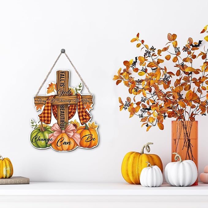 Christian home fall decor sign by CozyNest Decor with autumn-themed quote, perfect for Thanksgiving interior and exterior decoration.