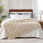 CozyNest Decor beige faux rabbit fur throw blanket with tan checkered pattern, soft fluffy minky design for bed or couch, 60x80 inches.