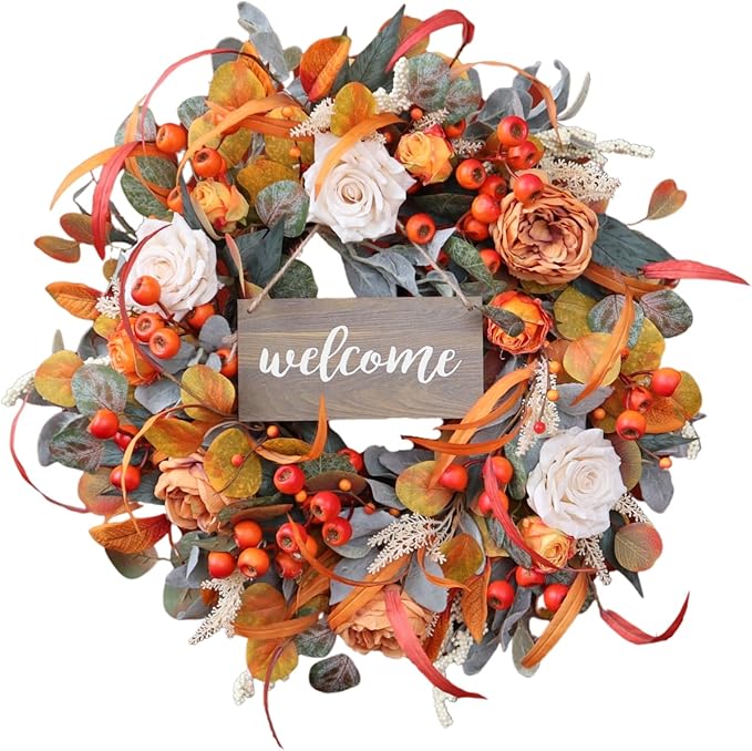 CozyNest Decor 24-inch fall wreath with lamb's ear leaves, roses, berries, and a wooden sign, suitable for front door decor.