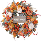 CozyNest Decor 24-inch fall wreath with lamb's ear leaves, roses, berries, and a wooden sign, suitable for front door decor.