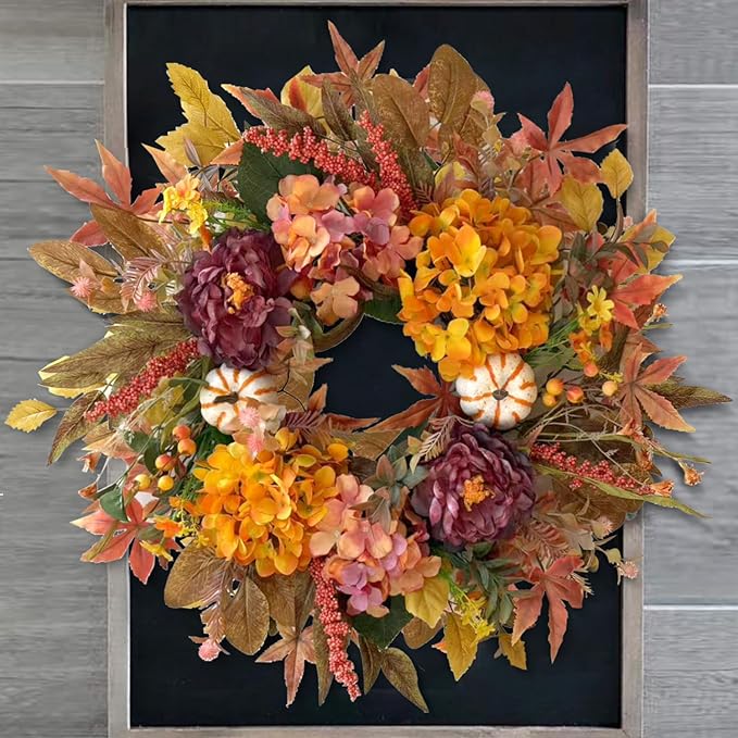 CozyNest Decor 24-inch fall wreath with hydrangea, peony, white pumpkins, perfect for front door autumn, Halloween, and Thanksgiving decor