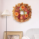 Large 26-inch fall wreath with artificial maple leaves, silk peony, and faux pumpkin for porch, door, or farmhouse autumn decor.