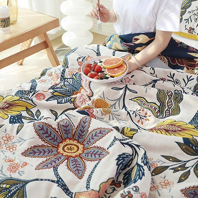 CozyNest Decor boho floral muslin bed blanket, 80x90 inches, soft 6-layer cotton gauze, summer cooling, farmhouse home decor.