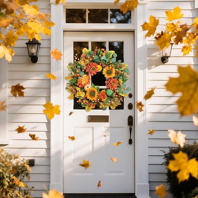 CozyNest Decor 24-inch fall wreath with sunflowers, orange dahlias, maple leaves, and berries for front door autumn decor.