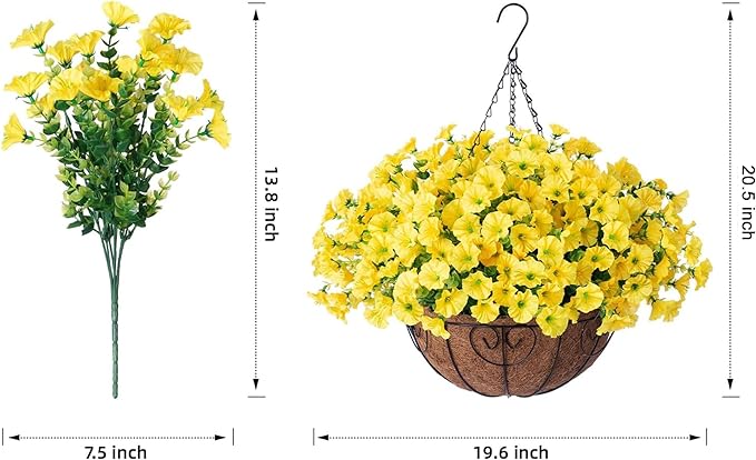 Artificial yellow silk morning glory and eucalyptus hanging flowers basket for outdoor porch or patio decor, UV resistant faux flowers.