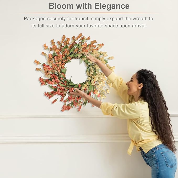 CozyNest Decor Artgar Fall Wreath, 24-inch white and orange floral front door wreath for outdoor and indoor seasonal decor.