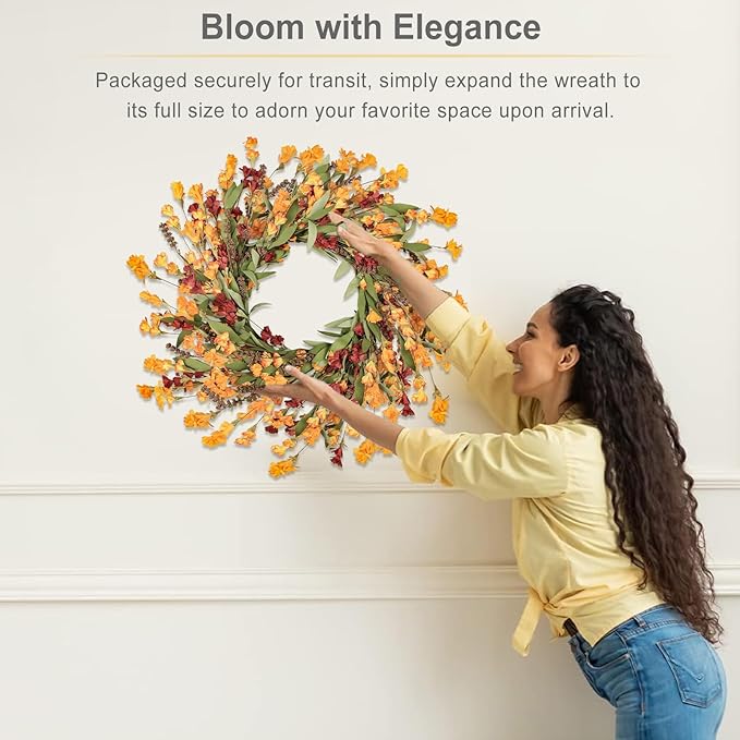 CozyNest Decor Artgar Fall Wreath, 24-inch floral door wreath with red, orange, and yellow autumn leaves for front door decor.
