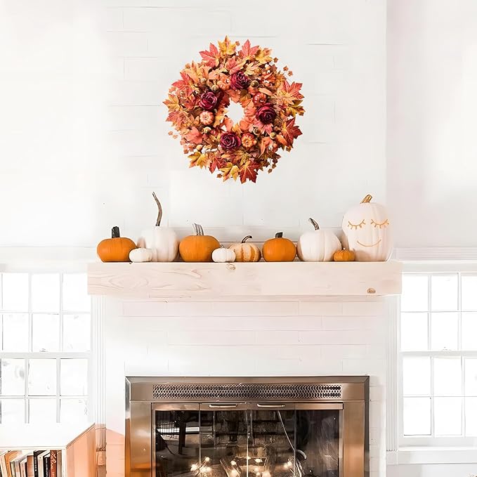 Large 26-inch autumn wreath with maple leaves, pumpkins, roses, and rustic fall decor for outdoor farmhouse door decoration.