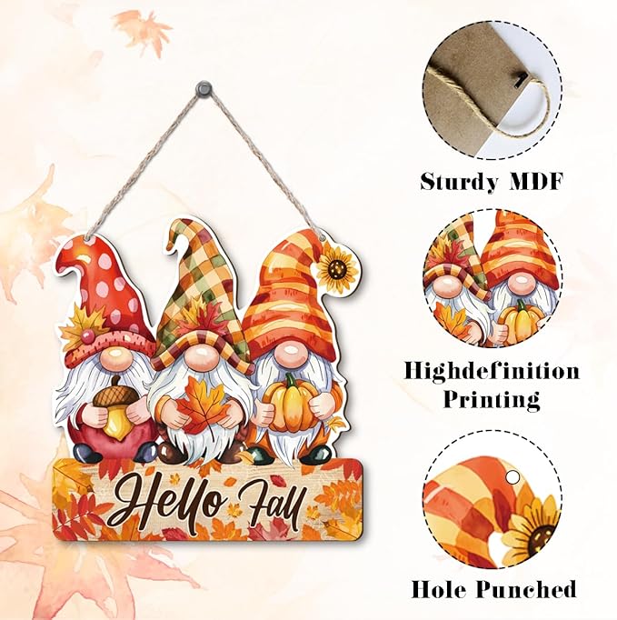 Hello Fall wood hanging gnome decoration and rustic autumn wooden signs for Thanksgiving, cozy home interior and exterior decor.