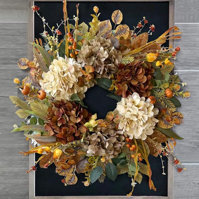CozyNest Decor 24-inch fall wreath with hydrangeas and small pumpkins, perfect for front door autumn, harvest, Halloween, or Thanksgiving.