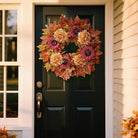 Large 28-inch fall wreath with artificial maple leaves, sunflowers, hydrangeas, and pumpkins, perfect for front door or porch decor.