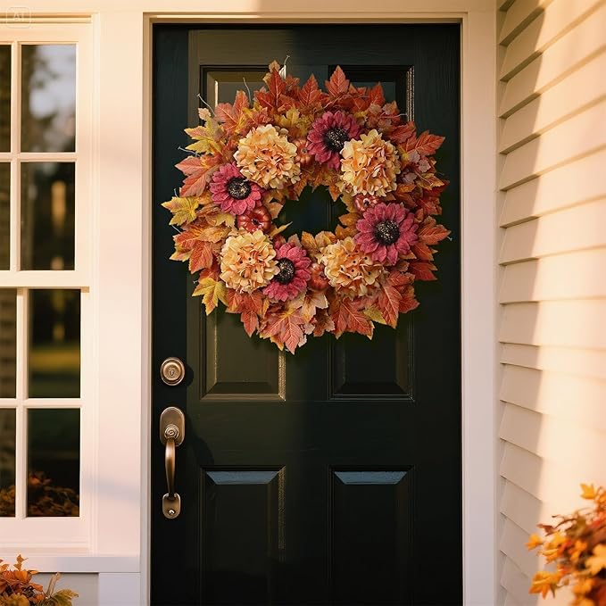 Large 28-inch fall wreath with artificial maple leaves, sunflowers, hydrangeas, and pumpkins, perfect for front door or porch decor.