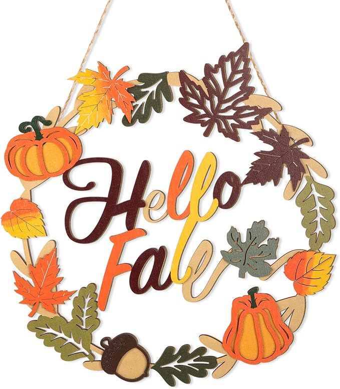 CozyNest Decor Hello Fall wooden wreath with maple leaves, pumpkin, and autumn-themed design for farmhouse front door decoration