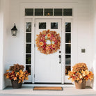 Large 26-inch fall wreath with artificial maple leaves, faux pumpkins, silk peonies, perfect for porch, door, or farmhouse autumn decor.
