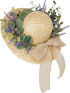 CozyNest Decor 16-inch spring eucalyptus wreath with straw hat and bow, ideal for front door, wall, or holiday farmhouse decor.