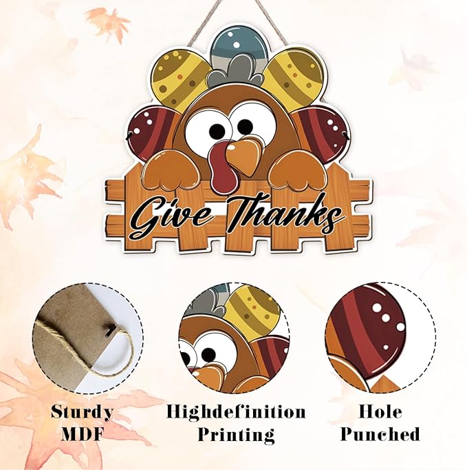CozyNest Decor Give Thanks sign with turkey design, wooden door hanger for Thanksgiving, fall wreath decoration for porch or outdoor.