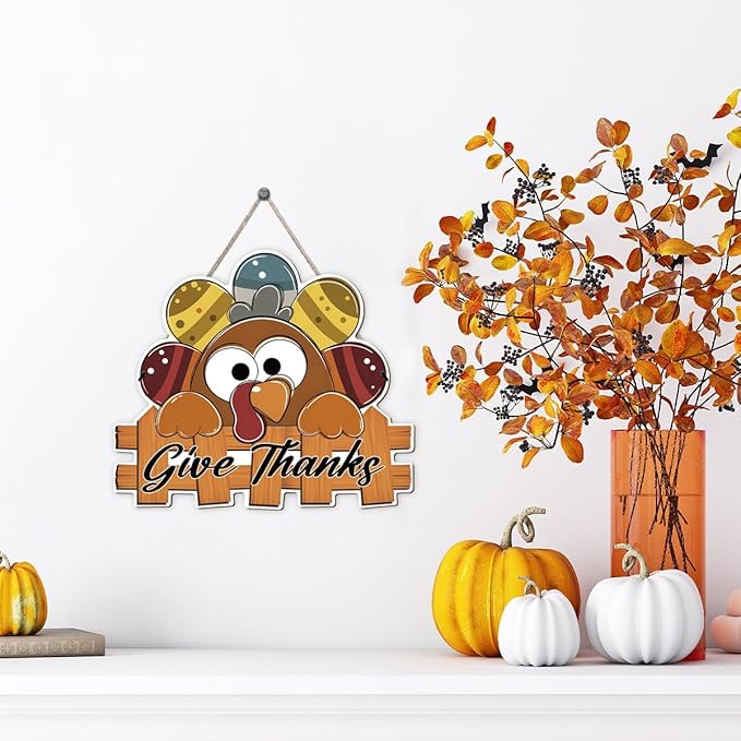CozyNest Decor Give Thanks sign featuring a turkey design, ideal for fall door decor, porch wreath, or Thanksgiving outdoor decoration.