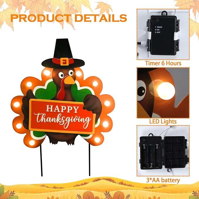 CozyNest Decor fall outdoor metal garden stakes with LED lights featuring Happy Thanksgiving, pumpkin, turkey, and welcome signs.