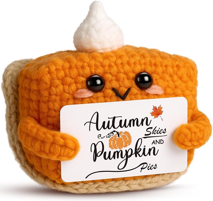 CozyNest Decor mini pumpkin pie crochet doll, small plush autumn seasonal holiday collectible for Halloween, Thanksgiving, or Christmas decor.