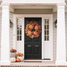 Large 28-inch Fall wreath with artificial maple leaves, sunflowers, hydrangeas, and pumpkins for porch or front door decor.