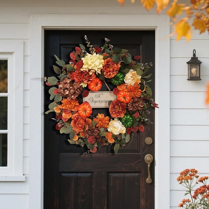 CozyNest Decor 24-inch fall wreath with realistic pumpkins, hydrangeas, peonies, and dahlias for front door or seasonal decor.
