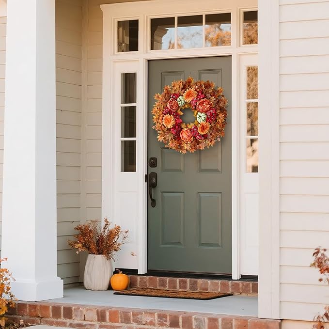 26-inch fall wreath with artificial maple leaves, faux pumpkins, and silk peonies for outdoor porch or farmhouse autumn decor.