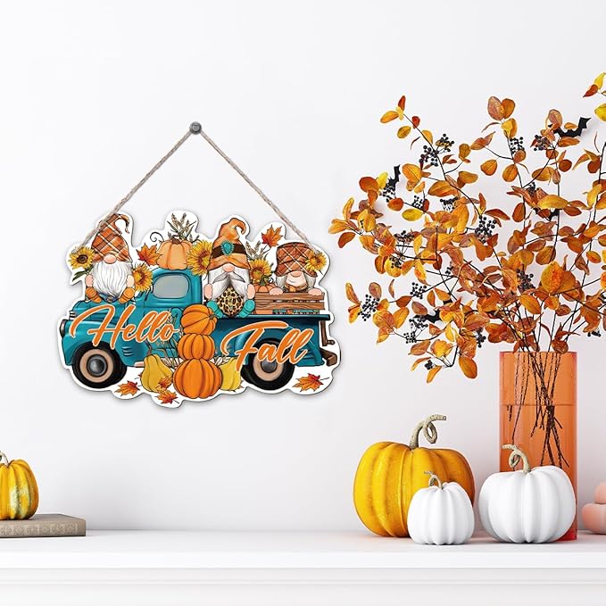CozyNest Decor Hello Fall wood hanging gnome decoration with truck design, rustic autumn porch or indoor outdoor decor.