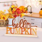 Orange metal Hello Pumpkin sign by CozyNest Decor, fall-themed decorative plaque for home or office, autumn harvest decor.
