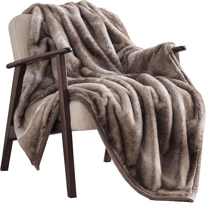 CozyNest Decor ultra soft plush mink faux fur throw blanket in ombré hazel brown, 60x80 inches, perfect for bed or sofa.