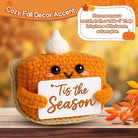 CozyNest Decor mini crochet pumpkin pie plush, fall-themed collectible doll for autumn, Halloween, and Thanksgiving home decor.
