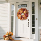 CozyNest Decor 28-inch artificial fall wreath with maple leaves, sunflowers, hydrangeas, and pumpkins for front door or porch decor