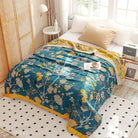 CozyNest Decor boho muslin blanket for adults, teal floral twin size 60x80 inches, soft 4-layer cotton summer bed coverlet.