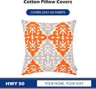 Orange embroidered farmhouse throw pillow cover with floral and geometric patterns, 18x18 inches, for sofa or bed.
