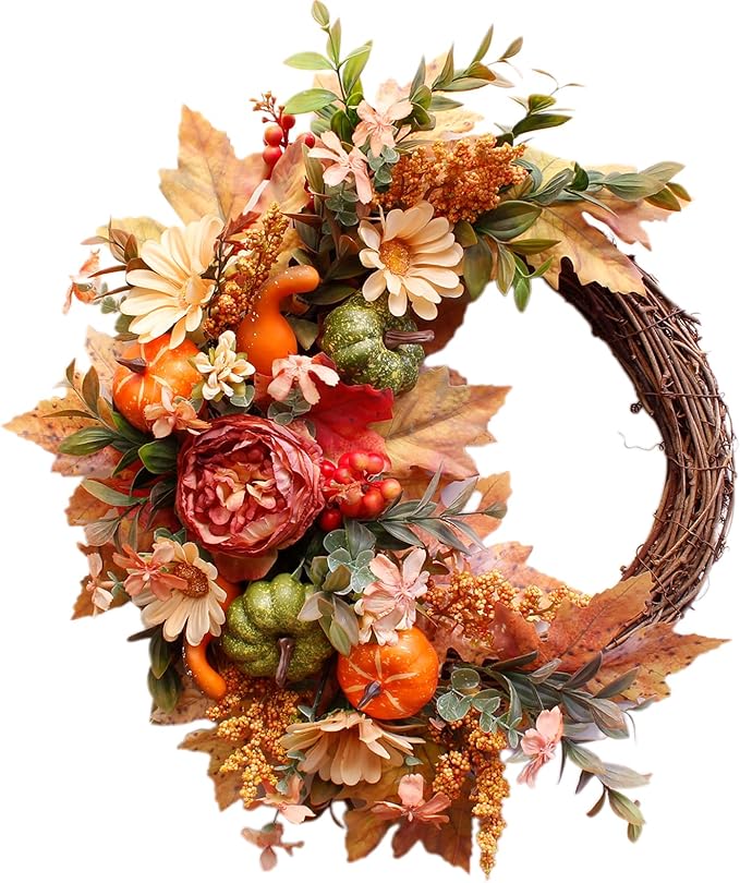 20-inch fall wreath with pumpkins, peonies, sunflowers, and berries, perfect for farmhouse home outdoor or indoor door decor.