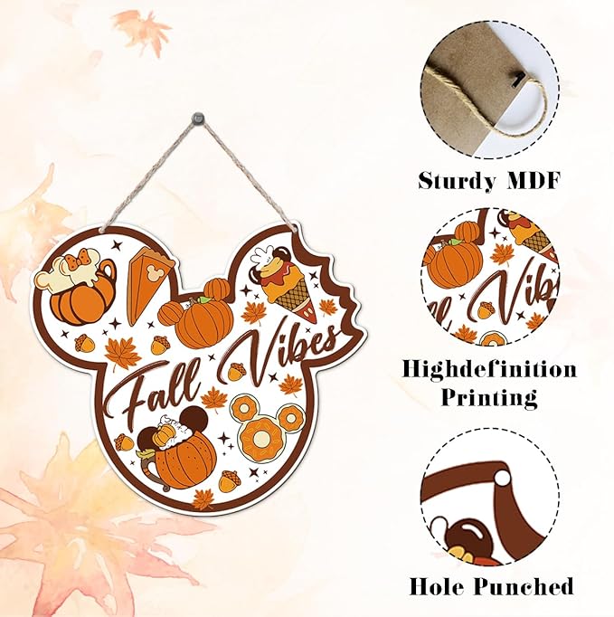 Fall Vibes door hanger featuring a mouse, wooden maple leaves, and mushroom accents for autumn home decor and harvest celebration.