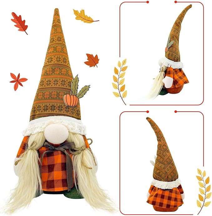CozyNest Decor Lovinland Fall Gnome plush figurine with autumn-themed details for home, desk, or tiered tray decoration.