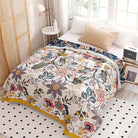 CozyNest Decor boho floral muslin bed blanket, 80x90 inches, soft cotton summer cooling coverlet with gauze layers for sofa or bed.