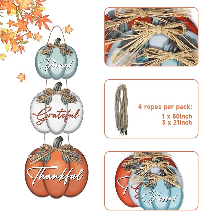 CozyNest Decor 3-piece pumpkin-themed wall signs with grateful, thankful, blessed messages for autumn door and wall decor.