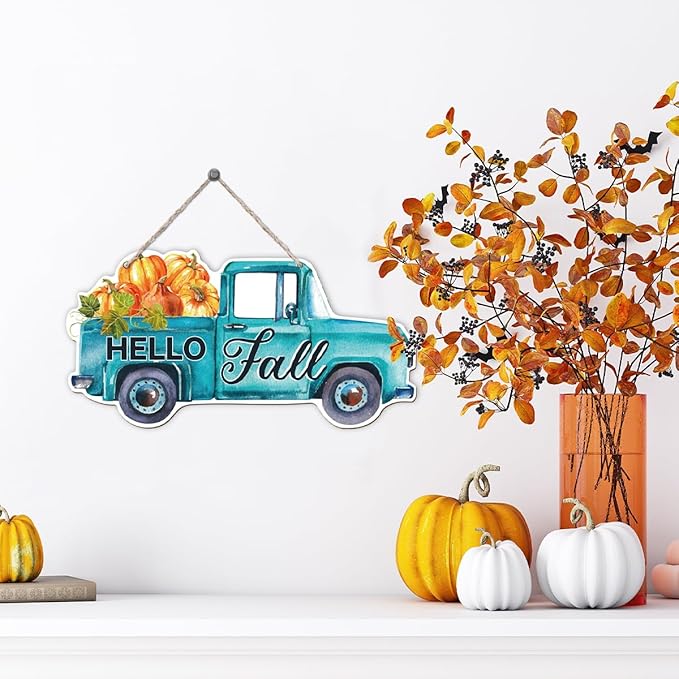 Rustic fall door hanger with pumpkin and truck design, CozyNest Decor's indoor outdoor autumn welcome sign for porch or home decor.